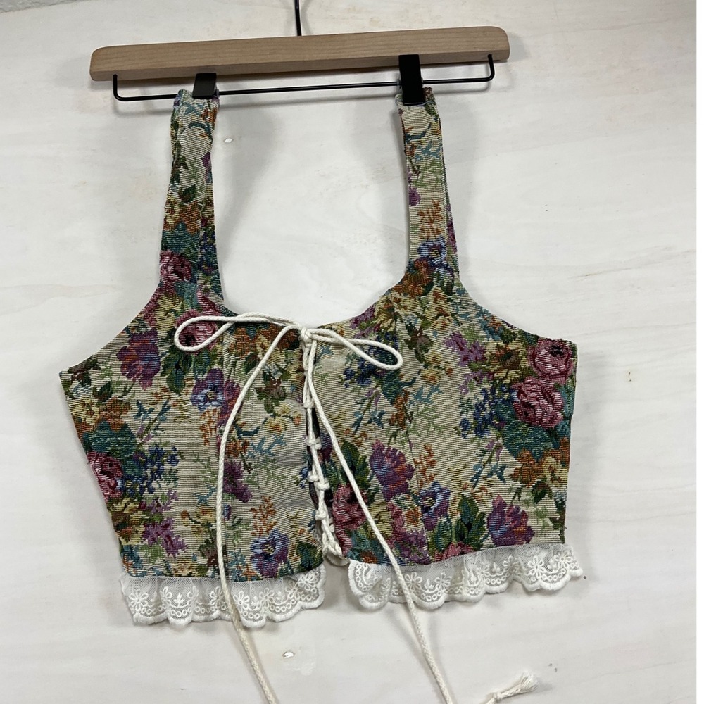 Romwe Floral Tapestry Corset Crop Top Lace Up Front Cottagecore Medium